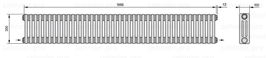 Схема (чертеж) Радиатор Zehnder Charleston 3030/41 №2670 Белый глянцевый RAL 9016